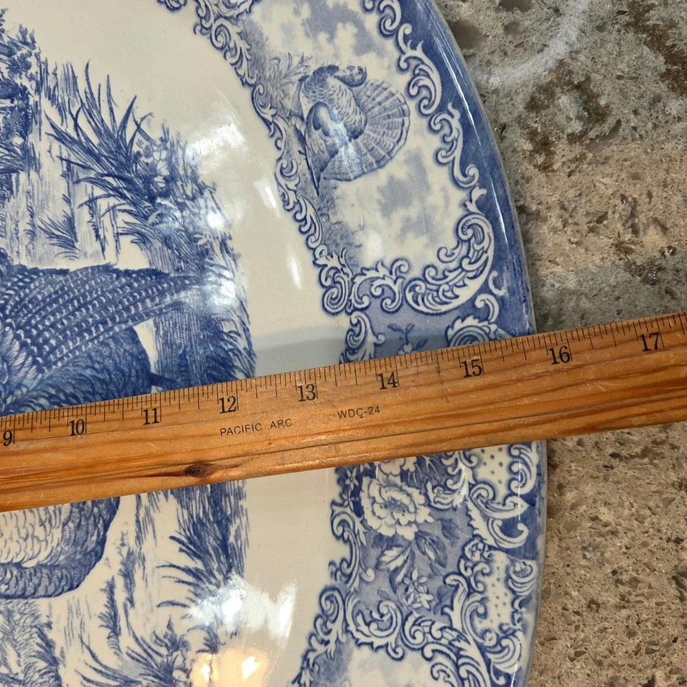Vintage Blue White Turkey Transferware Oval Serving Platter Thanksgiving Harvest